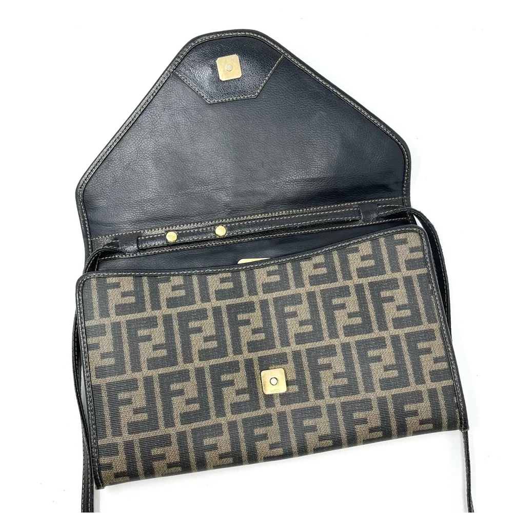 Vintage Fendi Brown Zucca FF Logo Monogram Canvas Shoulder Crossbody Clutch Bag